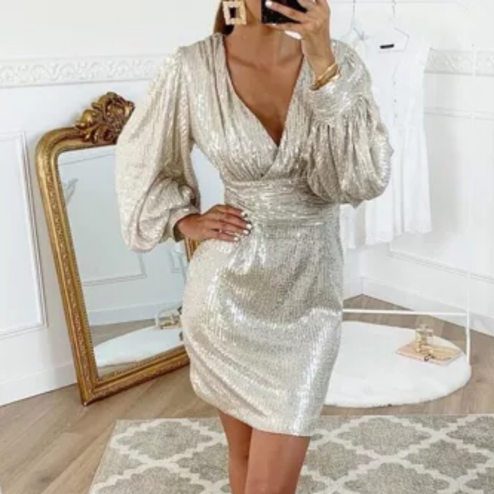 Gorgeous deep v neck silver dress (S) - Picture 1 of 3